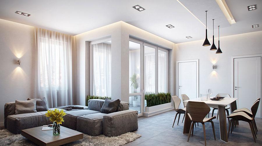 Gestaltung eines Wohnzimmers mit Balkon in einer Wohnung.  Entwurf eines Wohnzimmers mit Balkon, Flur kombiniert mit Loggia